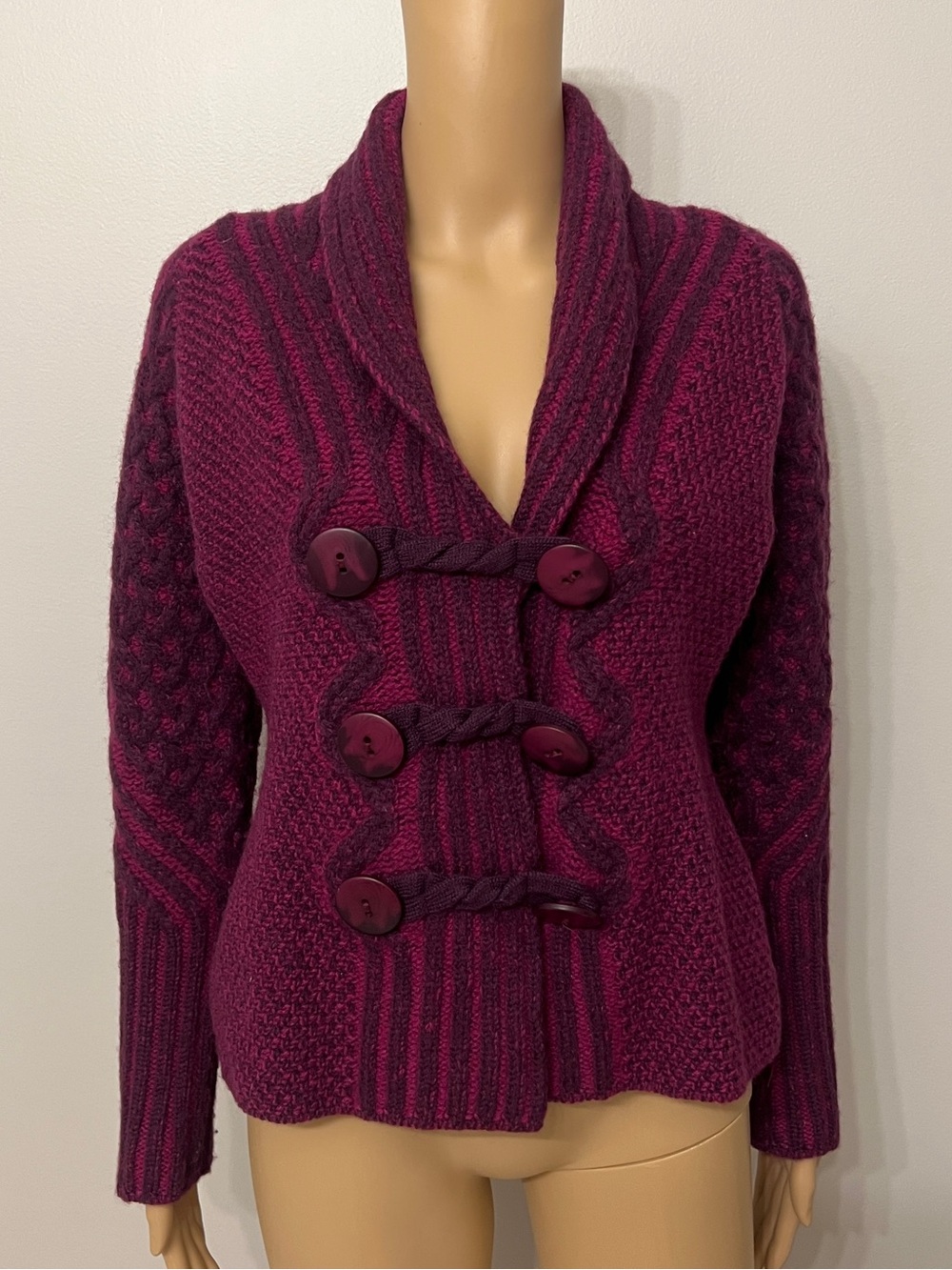 Aran Crafts Women’s Shawl Neck Two-Tone 100% Merino Cardigan Sweater Small
